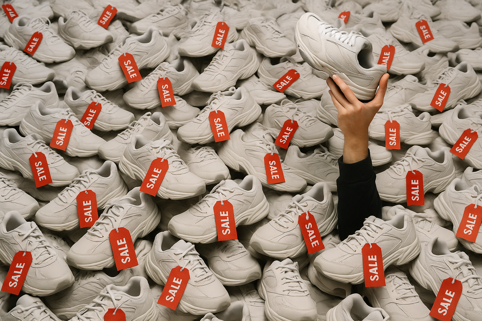 The Dad Shoe Deals founder in a mountain of discounted dad shoes.