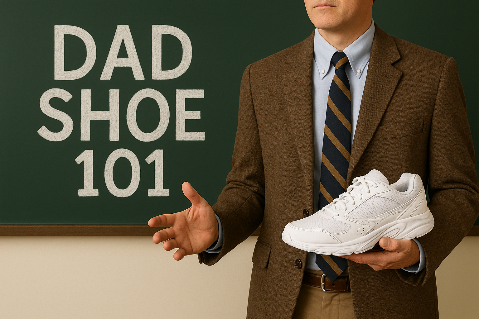 Professor Dad Shoe, standing in front of a blackboaard in a classroom.
