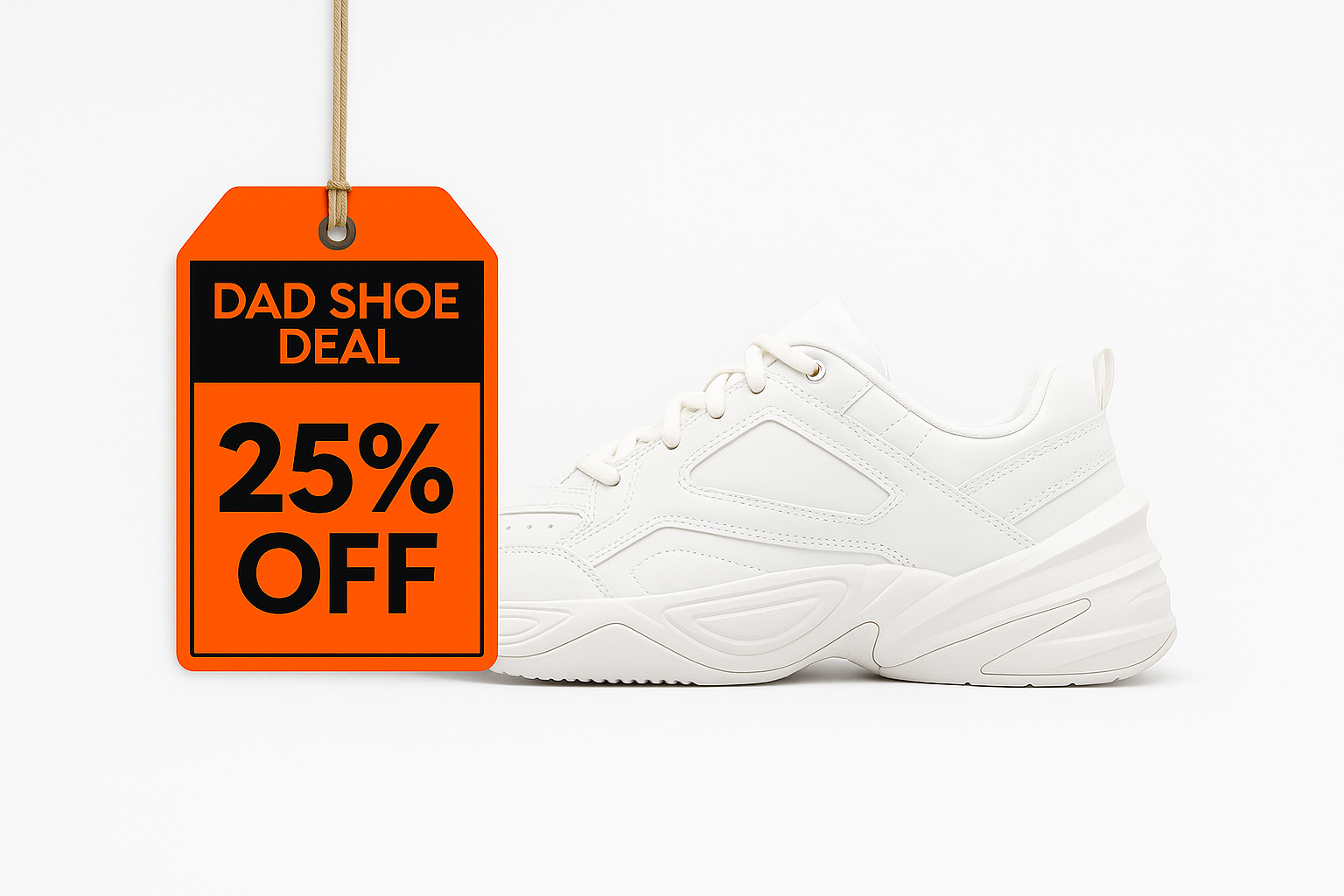 A generic white dad shoe with a 25% off sale tag on it.