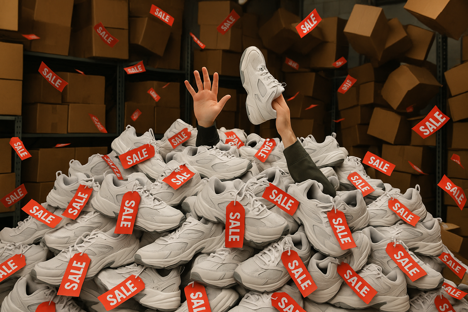 A person covered by a pile of dad shoes in a warehouse with sale tags falling from the ceiling.
