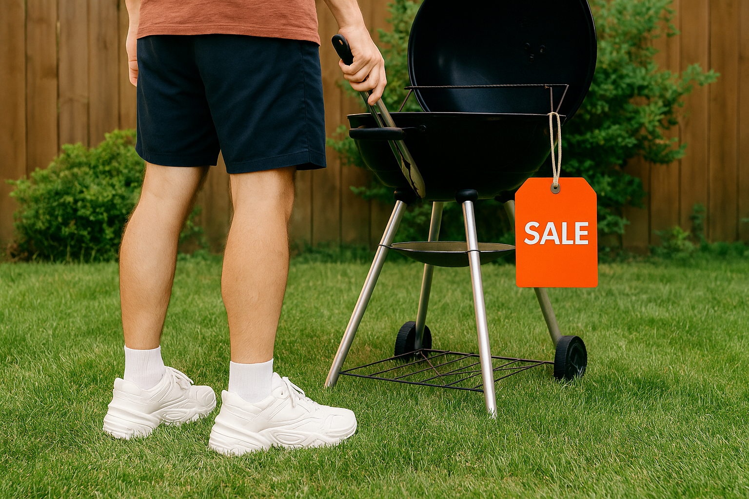 A man wearing dad shoes and standing in front of a grill.