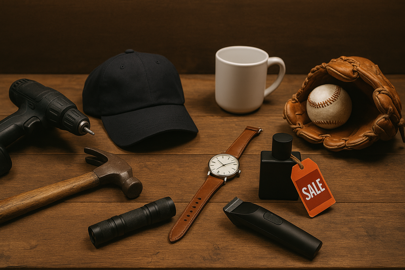 A hammer, a dad hat, a baseball glove, a watch, and other dad shoe essentials.