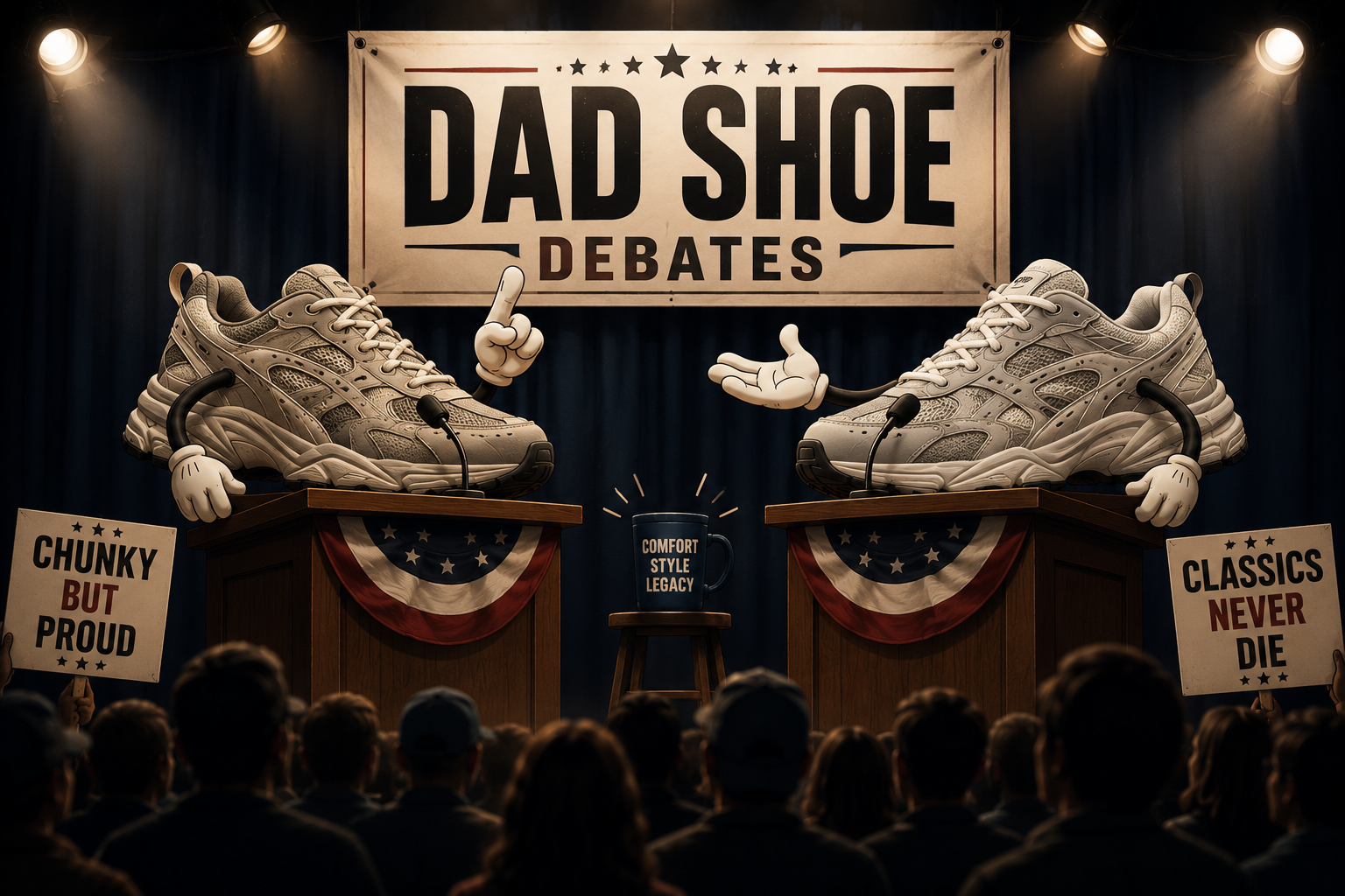 Two dad shoes debating on stage in front of a crowd for the Dad Shoe Debates section