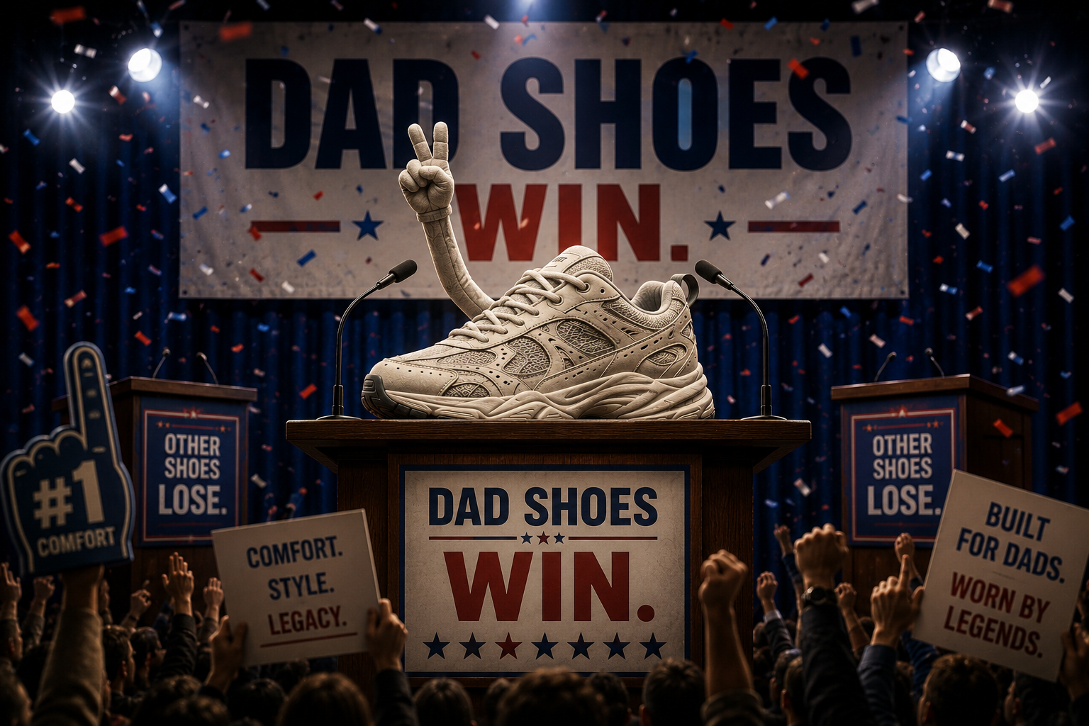 A dad shoe celebrating a debate win for the Dad Shoe Debates section
