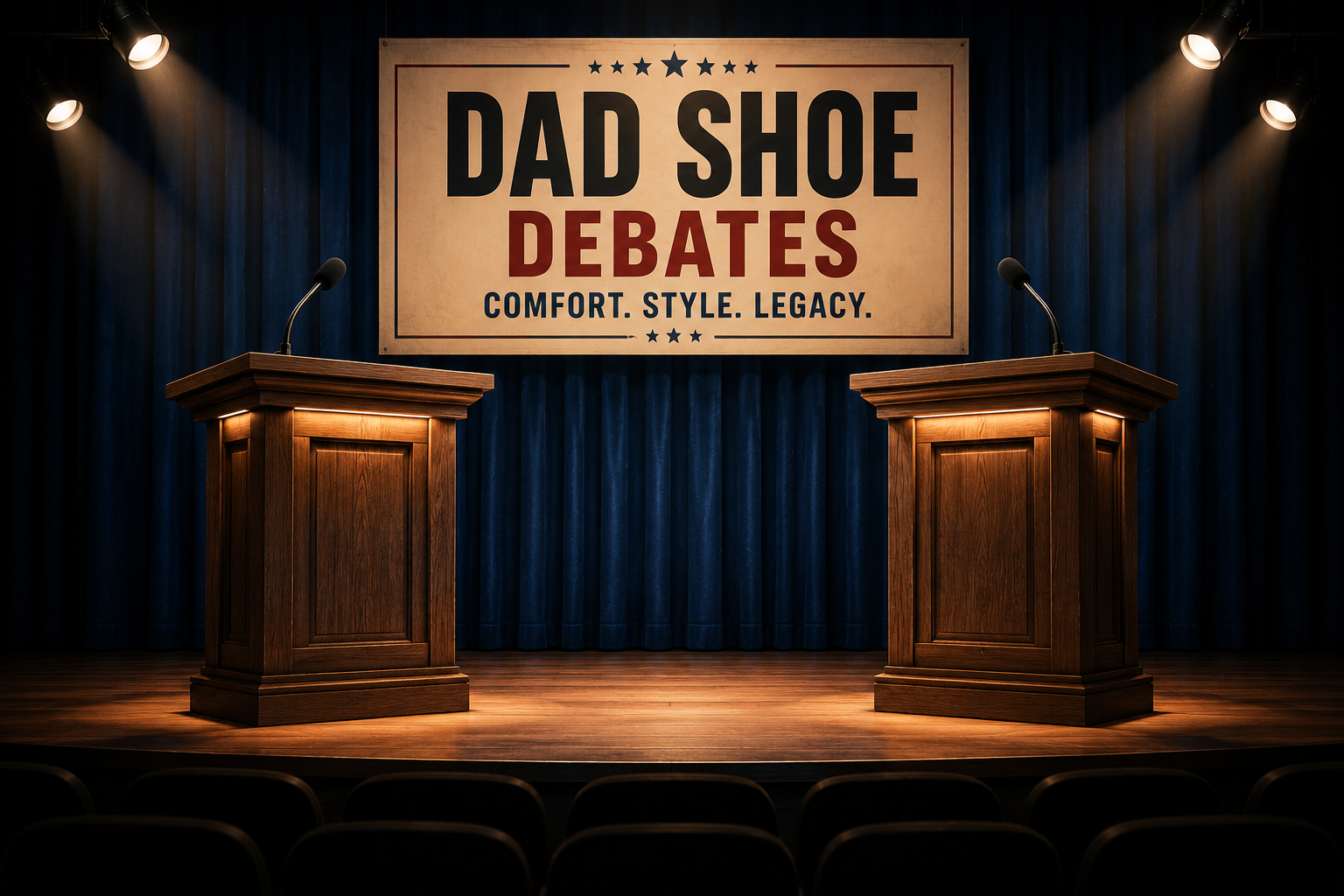 Two podiums on a debate stage for the Dad Shoe Debates category page